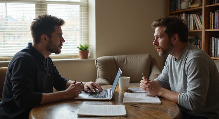 Twee mensen zijn verdiept in gesprek aan een houten tafel.