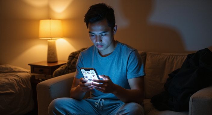 Een jonge volwassene kijkt moe en bezorgd naar een datingapp.