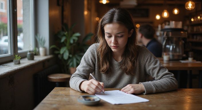 Een geconcentreerde vrouw leest aandachtig een geschreven blad in een café.