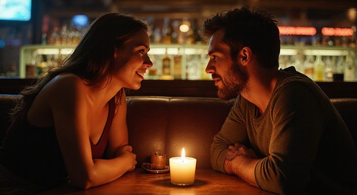 Twee mensen delen een intiem moment in een bar.