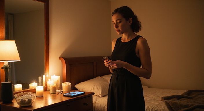 Een vrouw in een zwarte jurk reflecteert in een slaapkamer.