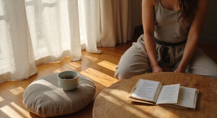 Een serene meditatieruimte met een zithouding en een theekopje.