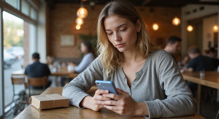 Hoe zorg je dat een sexdate lukt? Een vrouw in casual kleding is gefocust op haar smartphone.