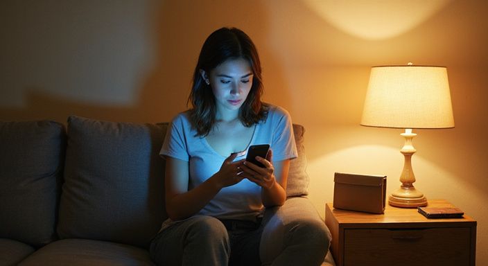 Hoe zorg je dat een sexdate lukt? Een vrouw in casual kleding gebruikt haar smartphone op de bank.