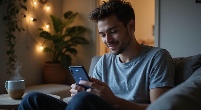 Een jonge volwassene zit ontspannen op een bank met een smartphone.