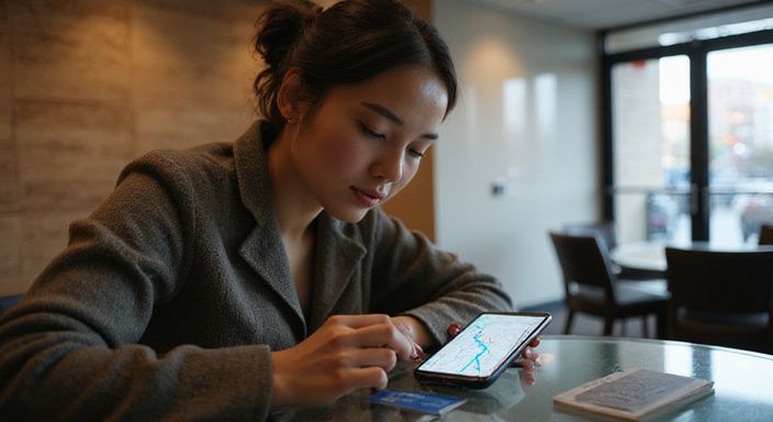 Een jonge vrouw studeert geconcentreerd een GPS-kaart op haar smartphone.