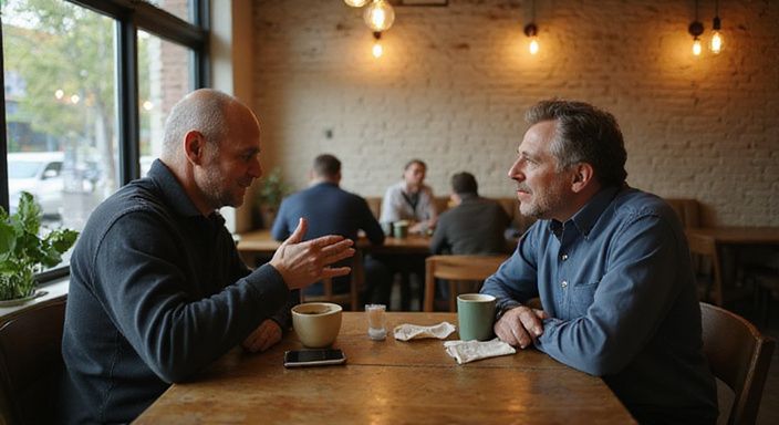 Twee volwassenen in gesprek met keramische mokken op een houten tafel.
