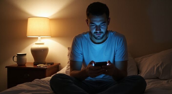 Een persoon in de twintig zit op een onopgeruimd bed met een smartphone.