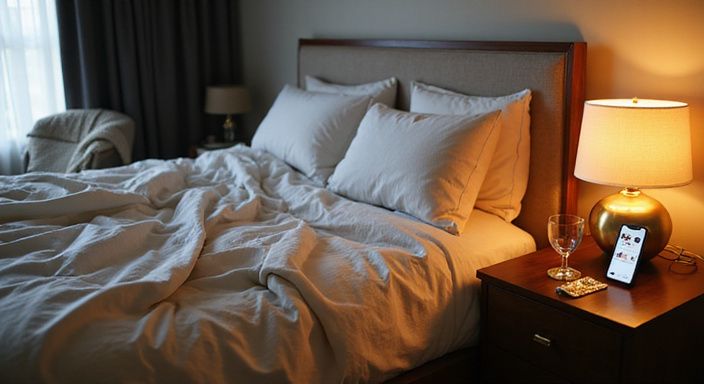 Een ongeordende slaapkamer met dating-app en wijnflessen op nachtkastje.