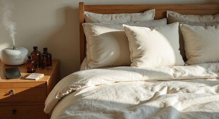 Rustige slaapkamer met bed, nachtkastje en aromatherapie-diffuser.