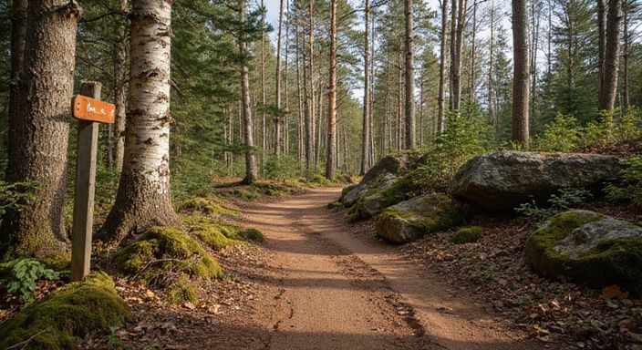 Natuurlijke voetpaden voor parkeerplek sex door een dicht coniferenbos in Brasschaat.