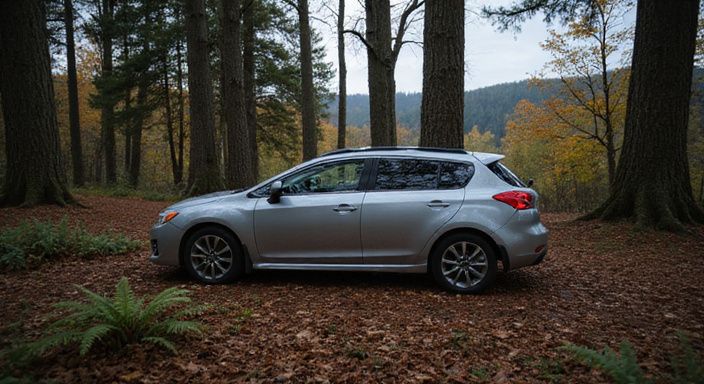 Een zilveren sedan geparkeerd in een dicht bosrijk gebied