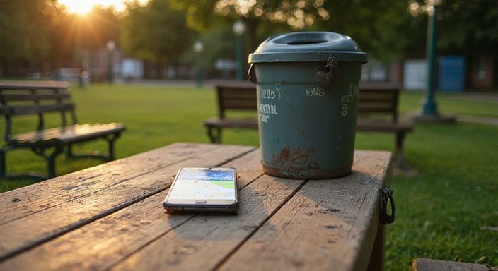 Een druk park met een picnic tafel en recycling bin.
