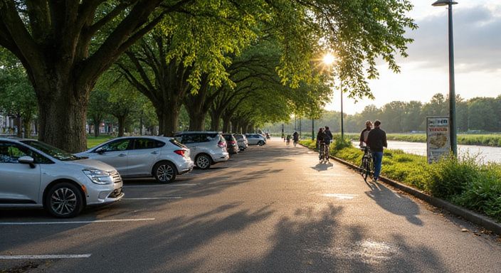 Candid foto van een parkeerplaats voor parkeerplek sex aan de Schelde met wandelaars en fietsers.