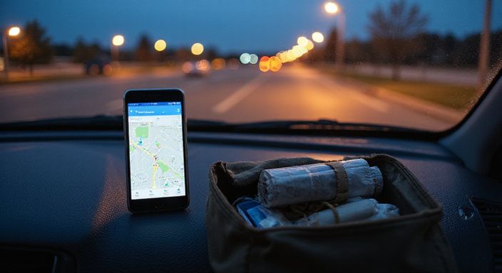 Een smartphone op een dashboard toont Google Maps en reisbenodigdheden.