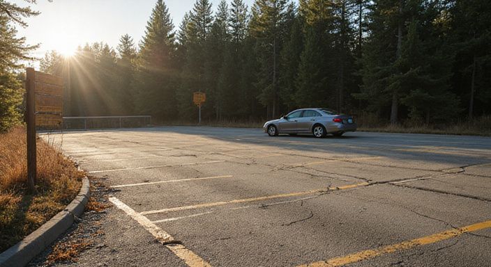 Een desolate parkeerplaats bij een snelweg met verwaarloosde infrastructuur.