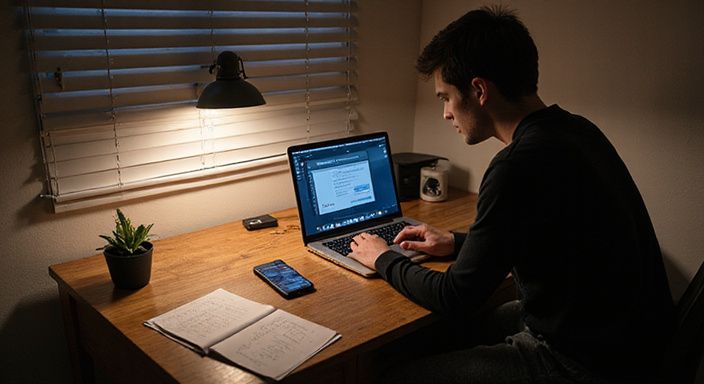 Een jonge persoon werkt gefocust aan een laptop in een eenvoudige kantoorruimte.