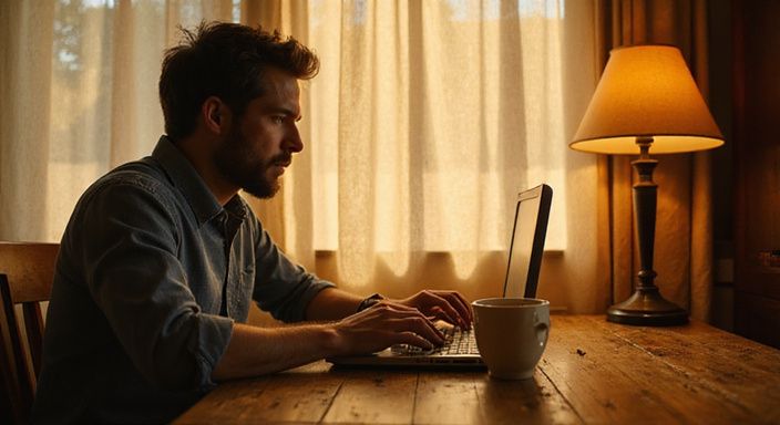 Een man zit ontspannen aan een bureau met een laptop en zoket sexcontact in Vlaanderen.