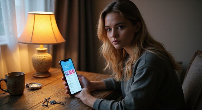 Een vrouw gebruikt haar smartphone terwijl ze geconcentreerd naar een datingapp voor sexcontact in Vlaanderen kijkt.