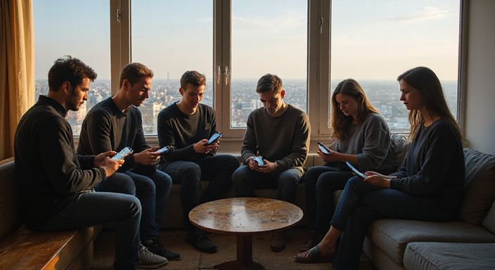 Groep volwassenen verkenning van datingapps voor sexcontact in Vlaanderen in een moderne appartement.
