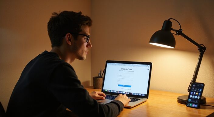 Jonge volwassene werkt geconcentreerd aan een MacBook in een minimalistische kantoorruimte.