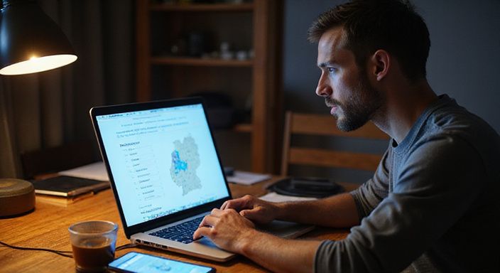 Een man verdiept in een datingapp voor sexcontact in Vlaanderen op zijn laptop.