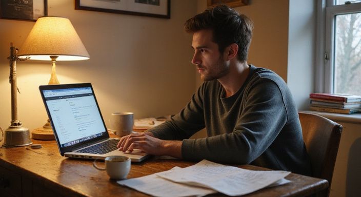 Een geconcentreerde persoon werkt aan een laptop op een versleten bureau.