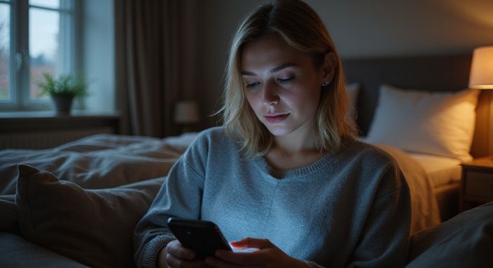 Een vrouw zit ontspannen op een bank, absorbed in haar smartphone.