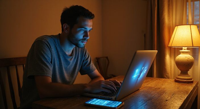 Een man verdiept in een versleutelde berichtenapp voor een sexdate in Antwerpen op zijn laptop.