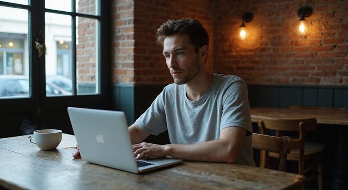 Een jongvolwassene zit alleen in een café en werkt geconcentreerd.