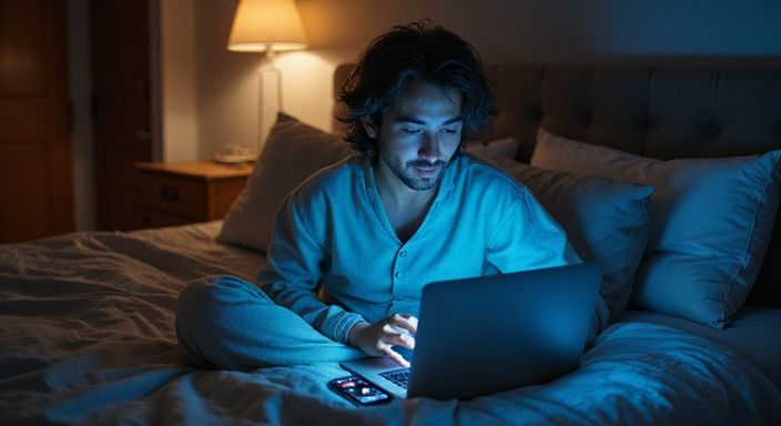 Een jongvolwassen persoon zit ontspannen en contemplatief op een bed.