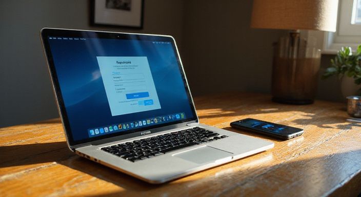 Een MacBook Pro en iPhone 14 Pro op een eiken bureau.