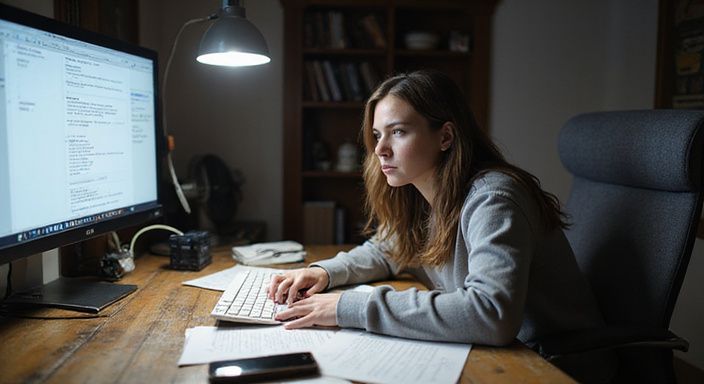 Een vrouw werkt geconcentreerd aan haar computer in een bescheiden thuiskantoor en wil een sexdate in Antwerpen.