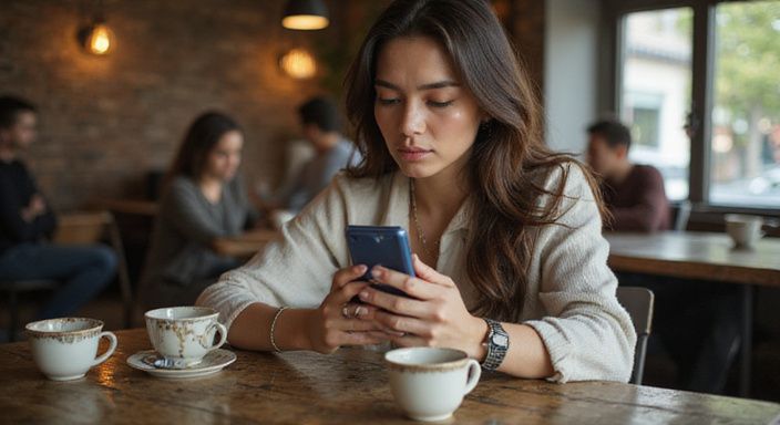 Een vrouw bestudeert een datingapp op haar smartphone in een café.