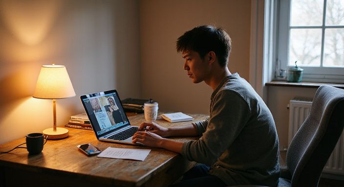 Een persoon werkt geconcentreerd aan een bureau met technologie en rommel.