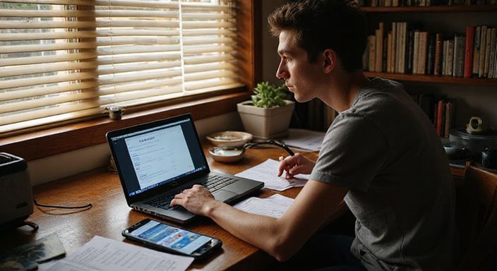 Een gefocuste jongvolwassene werkt aan multi-factor authenticatie in een thuiskantoor.