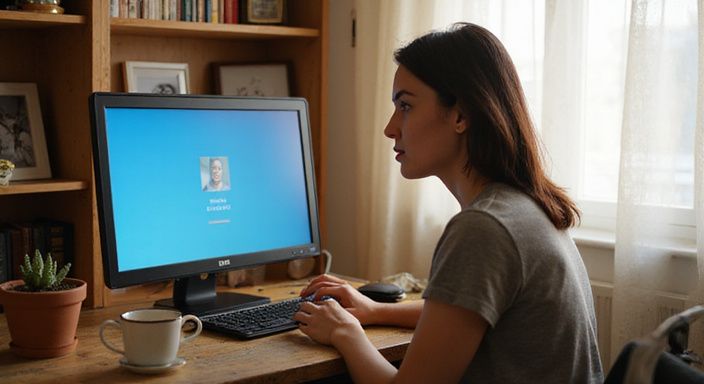 Een vrouw bekijkt haar datingprofiel voor een sexdate in Antwerpen op een laptop in haar appartement.