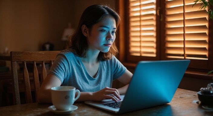 Een vrouw in casual kleding zoekt op haar laptop naar een sexdate in Antwerpen.