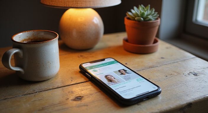 Een smartphone met een datingapp op een verweerd houten tafel.