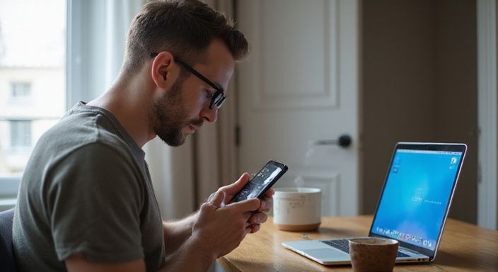 Een man in een moderne appartement, gefocust op zijn smartphone en is op zoek naar een sexdate in Brussel.