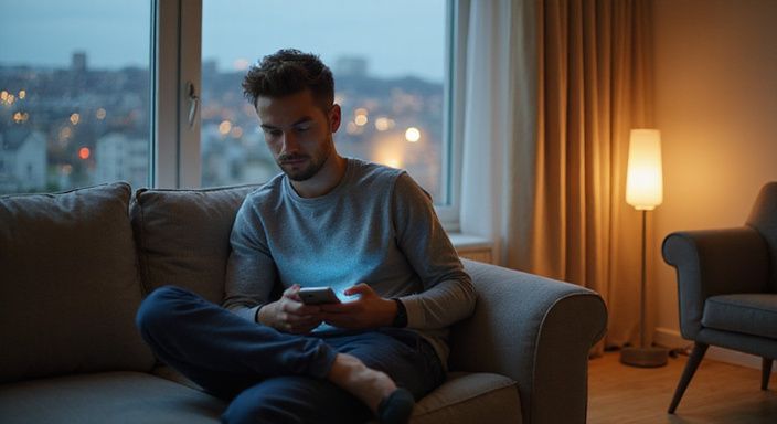 Een man op een bank kijkt contemplatief naar een datingapp voor een sexdate in Brussel.