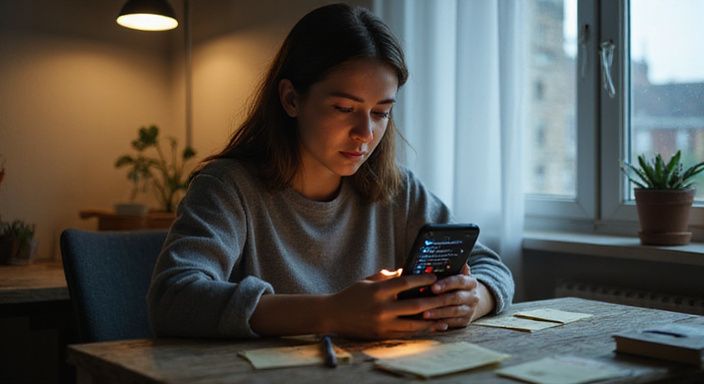 Een vrouw in een appartement kijkt geconcentreerd naar een smartphone en is op zoek naar een sexdate in Brussel.