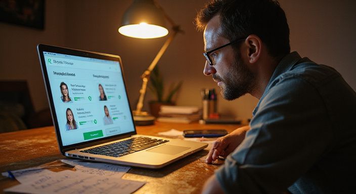 Een man kijkt geconcentreerd naar een datingapp op zijn laptop.