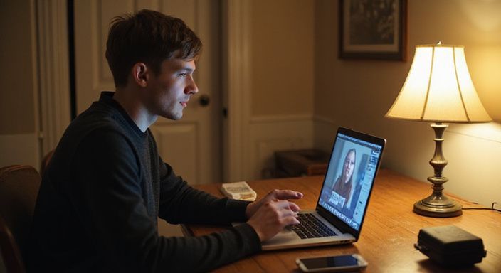 Een volwassene zit aan een bureau ter voorbereiding op een online vergadering.