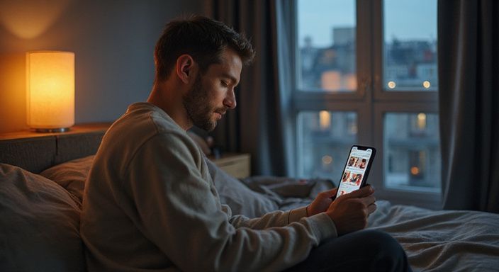 Een man zit op de rand van een bed met een smartphone.