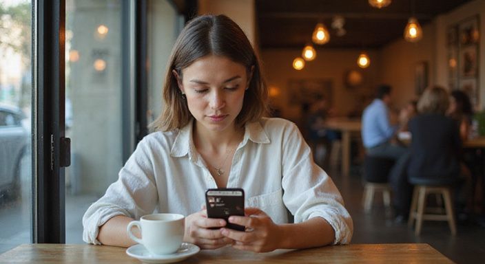 Een vrouw in een café, gefocust op haar smartphone en wil een sexdate in Brussel.