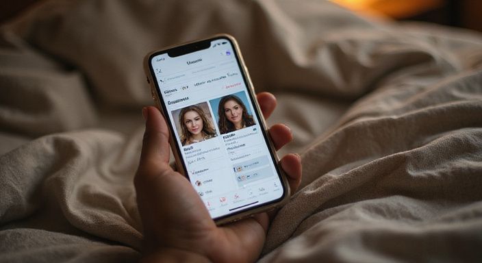 Een smartphone toont een datingapp met profielkaarten van vrouwen die een sexdate in Brussel willen.