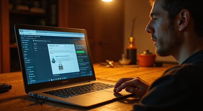 Een persoon werkt geconcentreerd aan een laptop in een thuiskantoor.