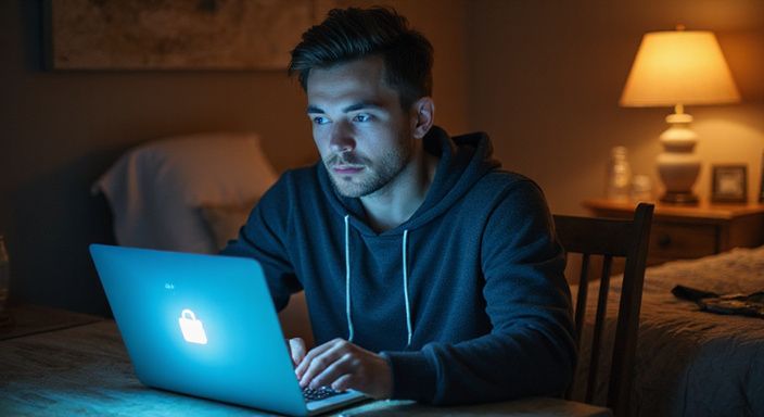 Een man in een hoodie werkt geconcentreerd aan zijn laptop en zoekt een sexdate in Brussel.