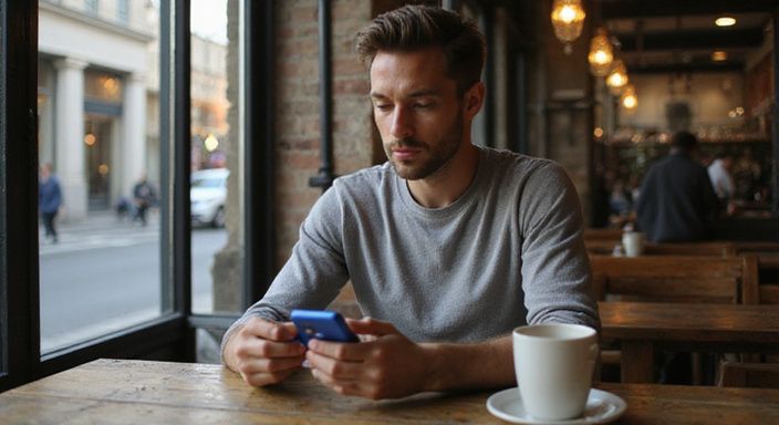 Een man in een café kijkt contemplatief naar zijn smartphone.